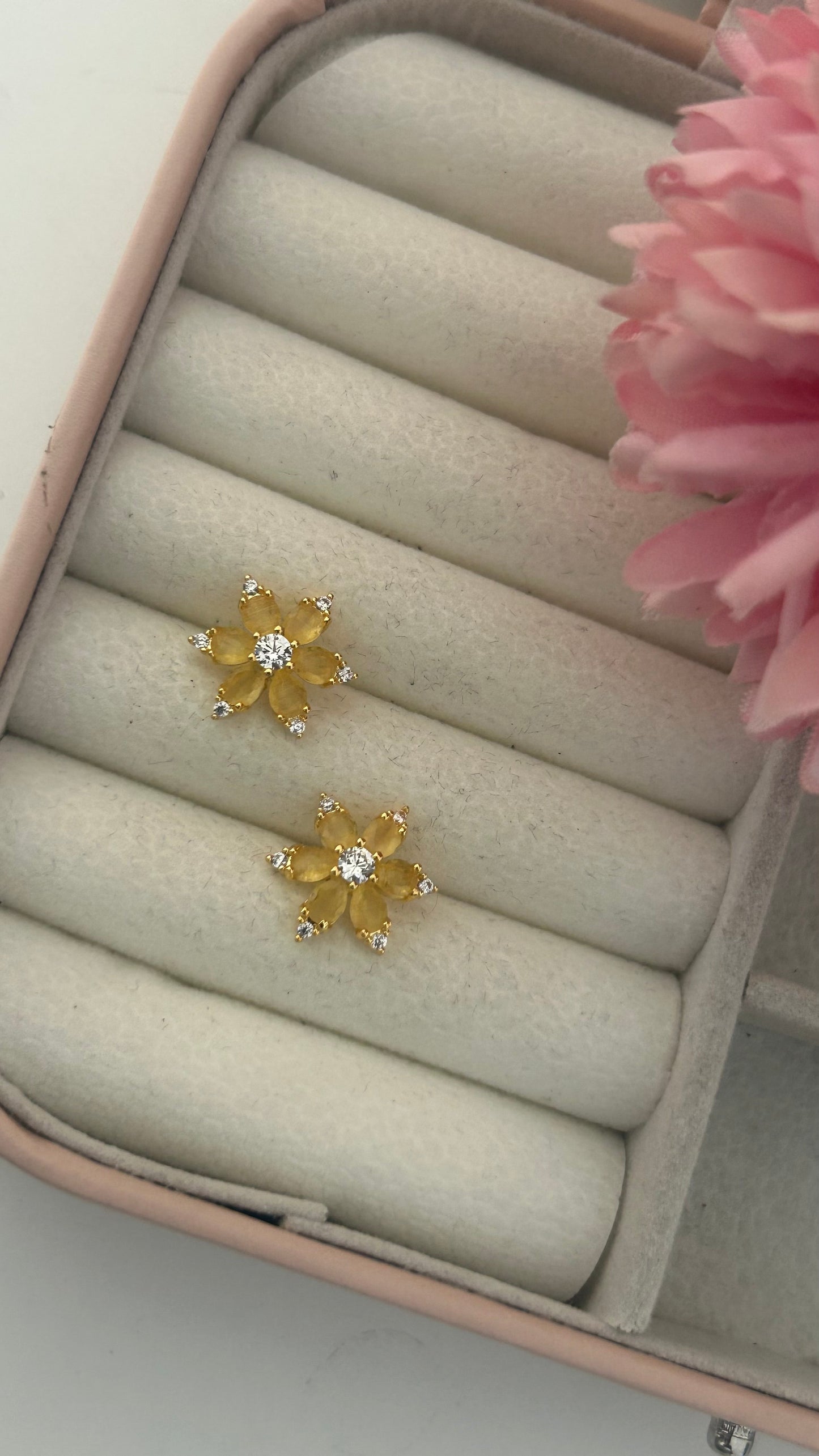 "Elegant Floral Stud Earrings Set – Yellow, Ruby Red & Emerald Green with CZ Accents – Gold-Plated Design for Women"