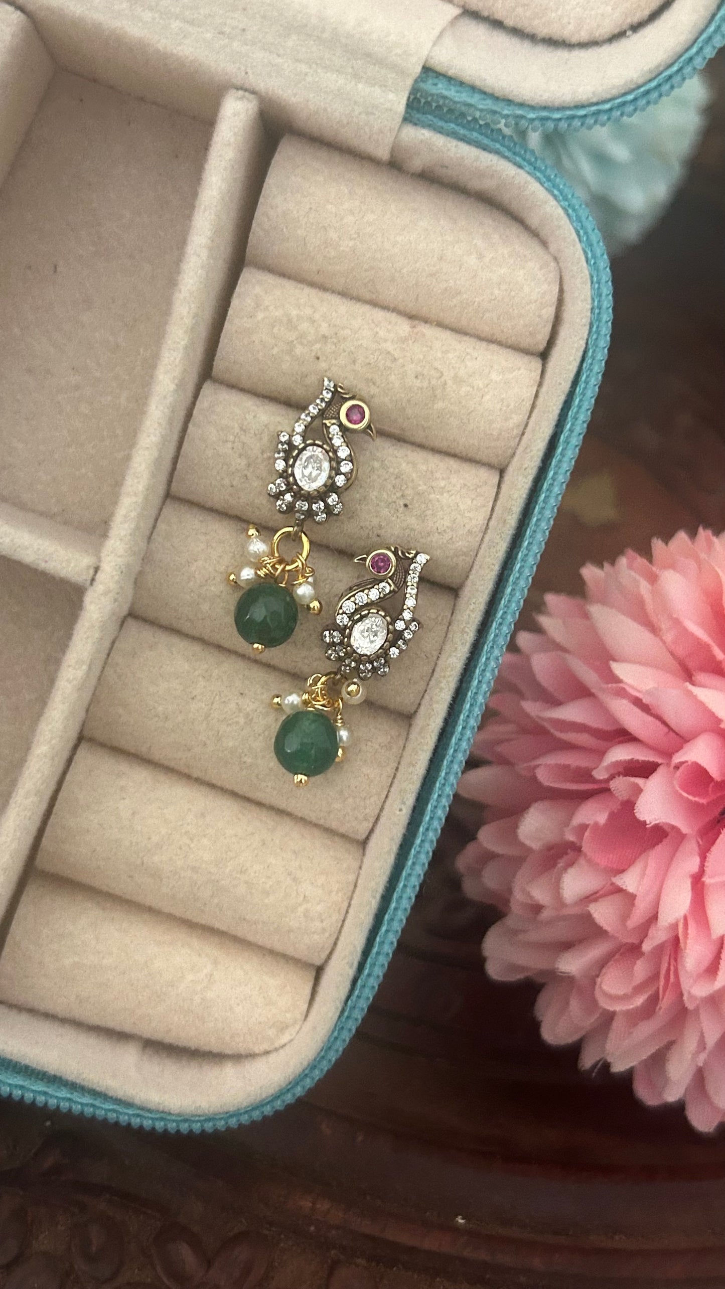 Peacock studs with green bead drop in Victroian polish