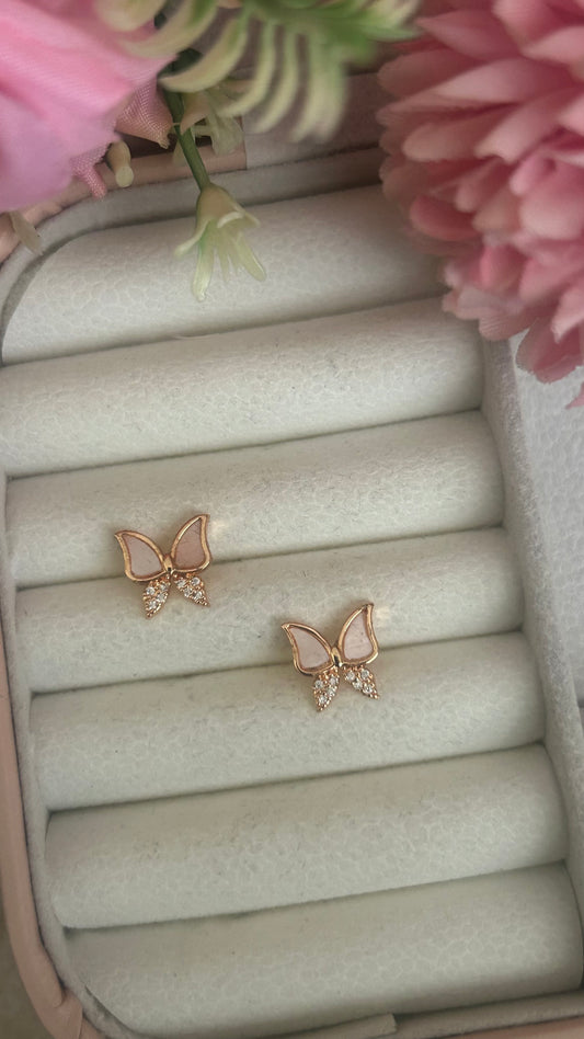CZ white n peach stone butterfly stud