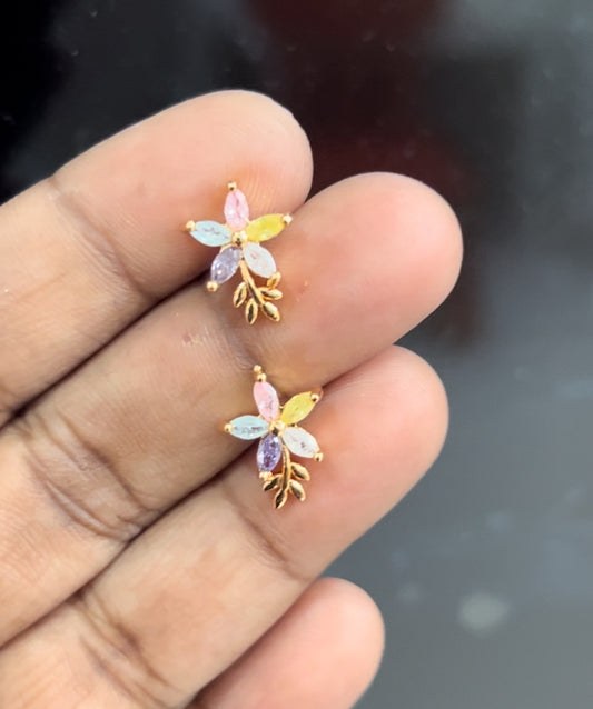 CZ Multi color flower stud with small leaf