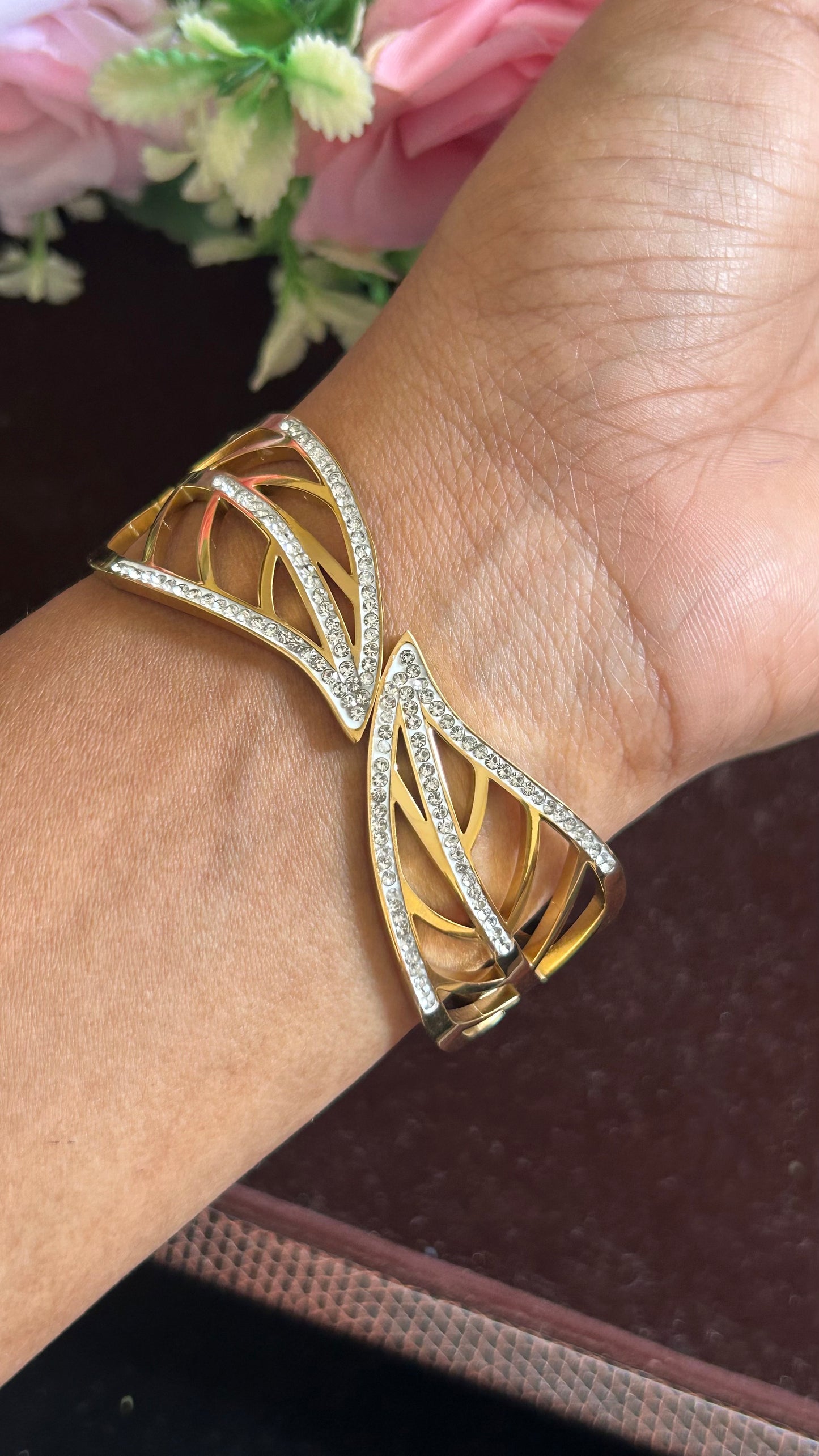 Designer Gold-Tone Openable Kada with Leaf Motif & Crystals
