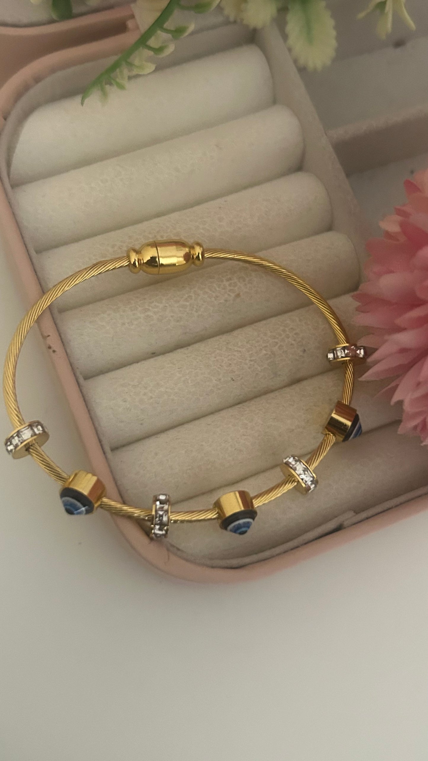 Gold Evil Eye Charm Bracelet with Crystal Spacers