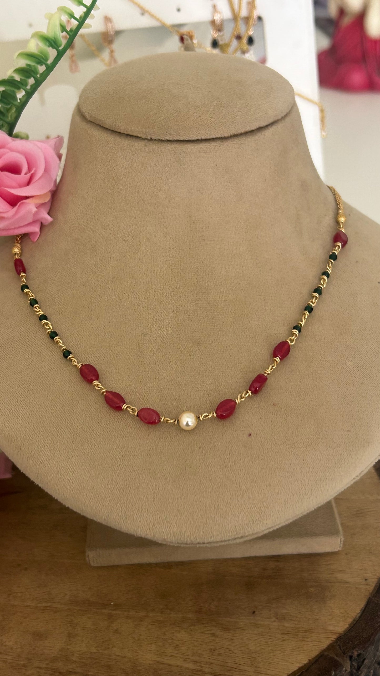 Classic Panchaloham Chain with Red & Green Stone Beads in 20 inches unpolished