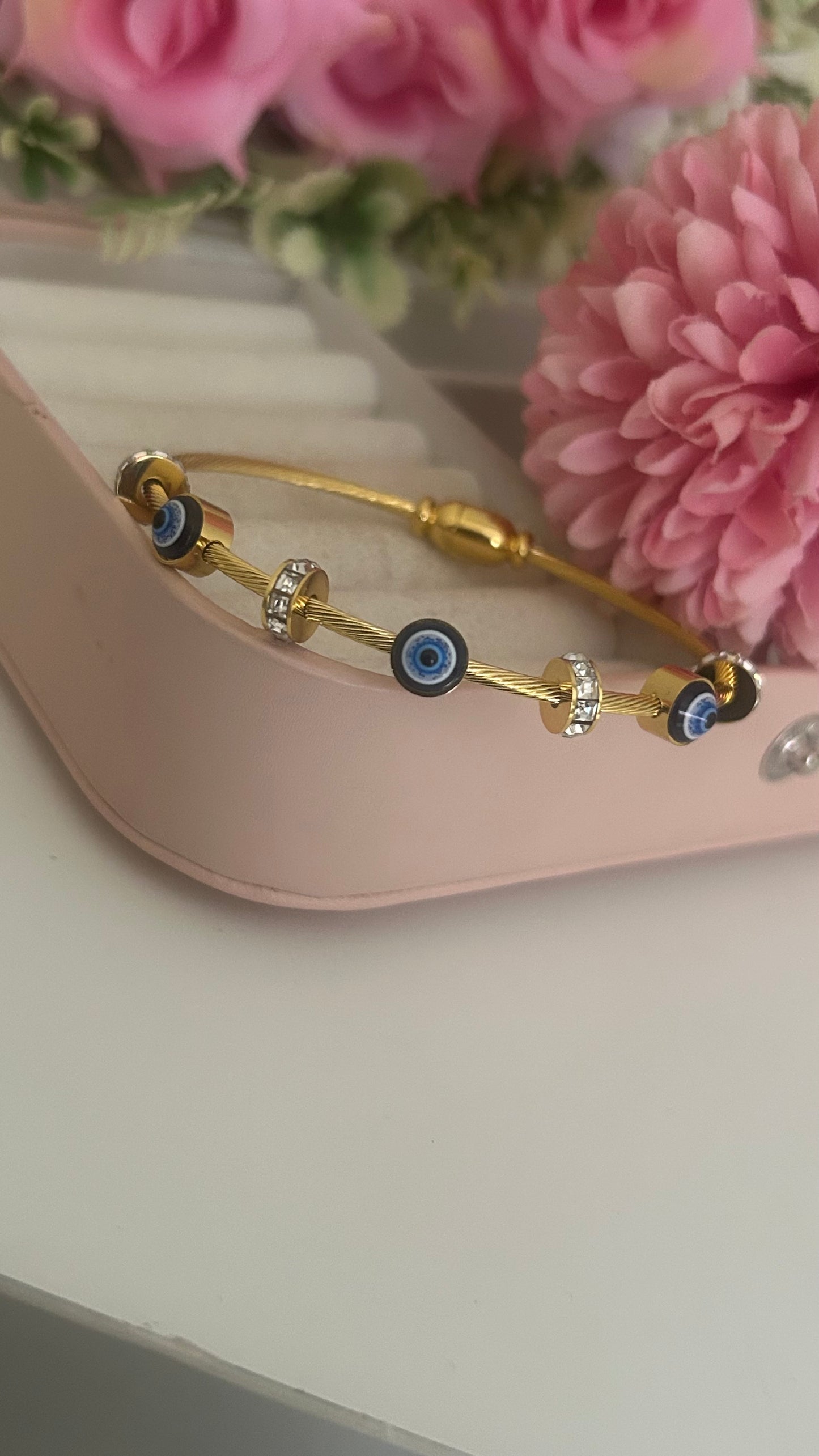 Gold Evil Eye Charm Bracelet with Crystal Spacers