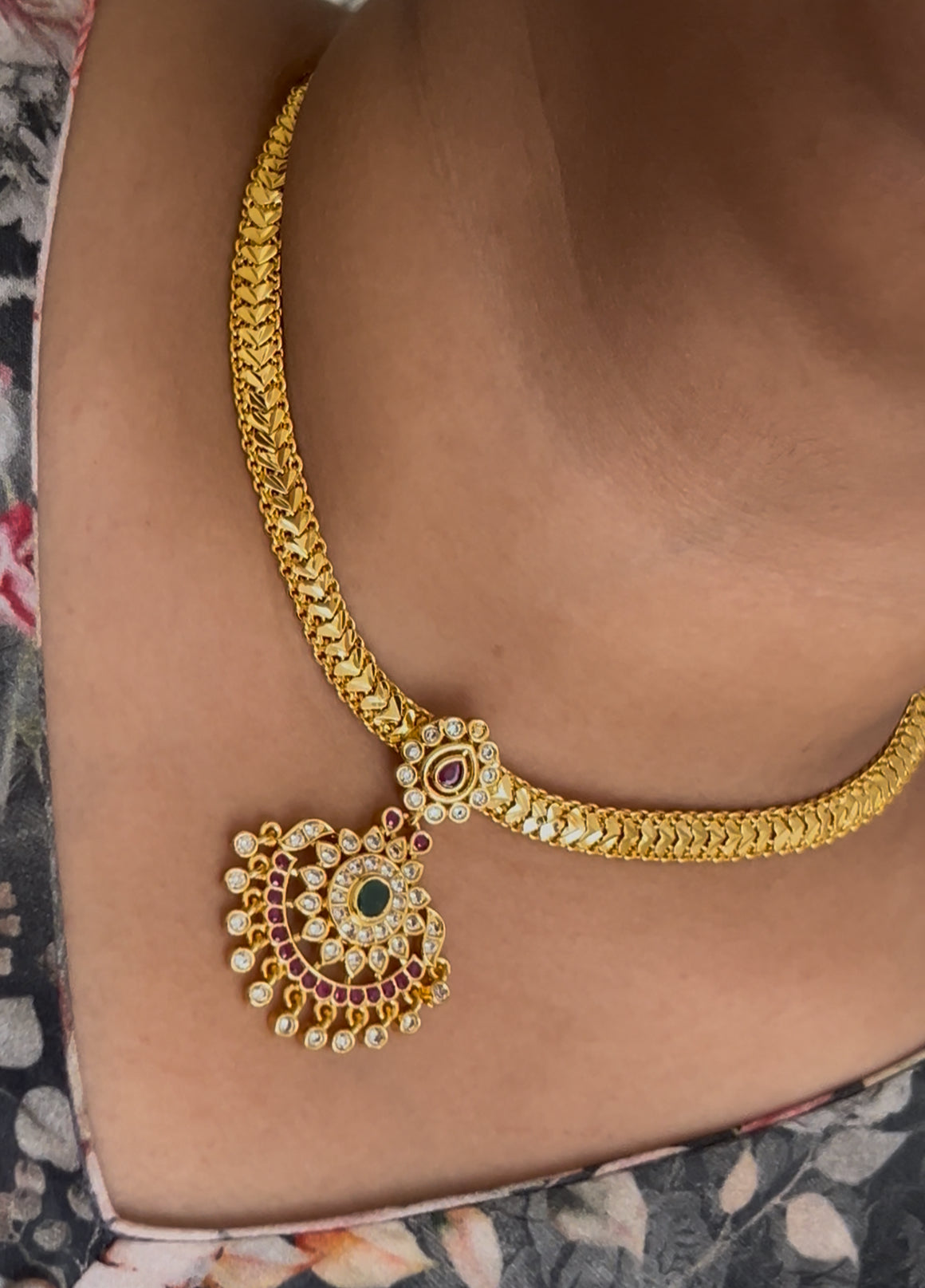 "Traditional Panchaloham Nanu Patti with Ruby & Emerald Stone Detachable Pendant – with polish"