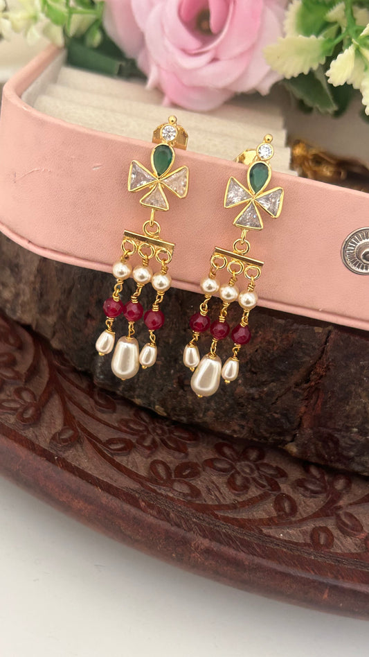 Elegant Handmade Hanging Earrings with Polki Design & Pearl Drops
