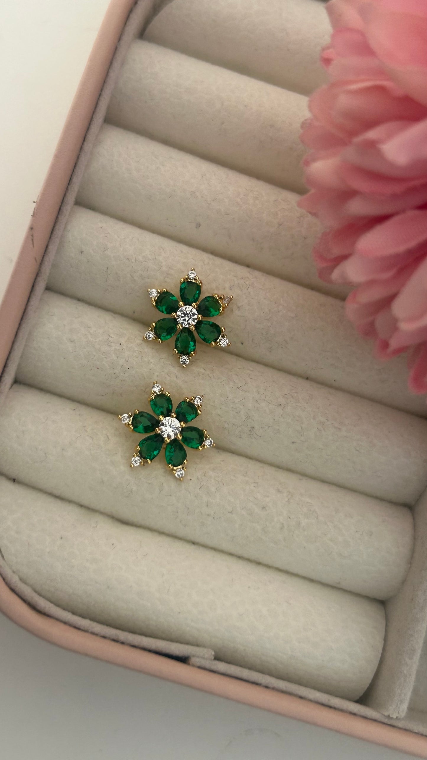 "Elegant Floral Stud Earrings Set – Yellow, Ruby Red & Emerald Green with CZ Accents – Gold-Plated Design for Women"