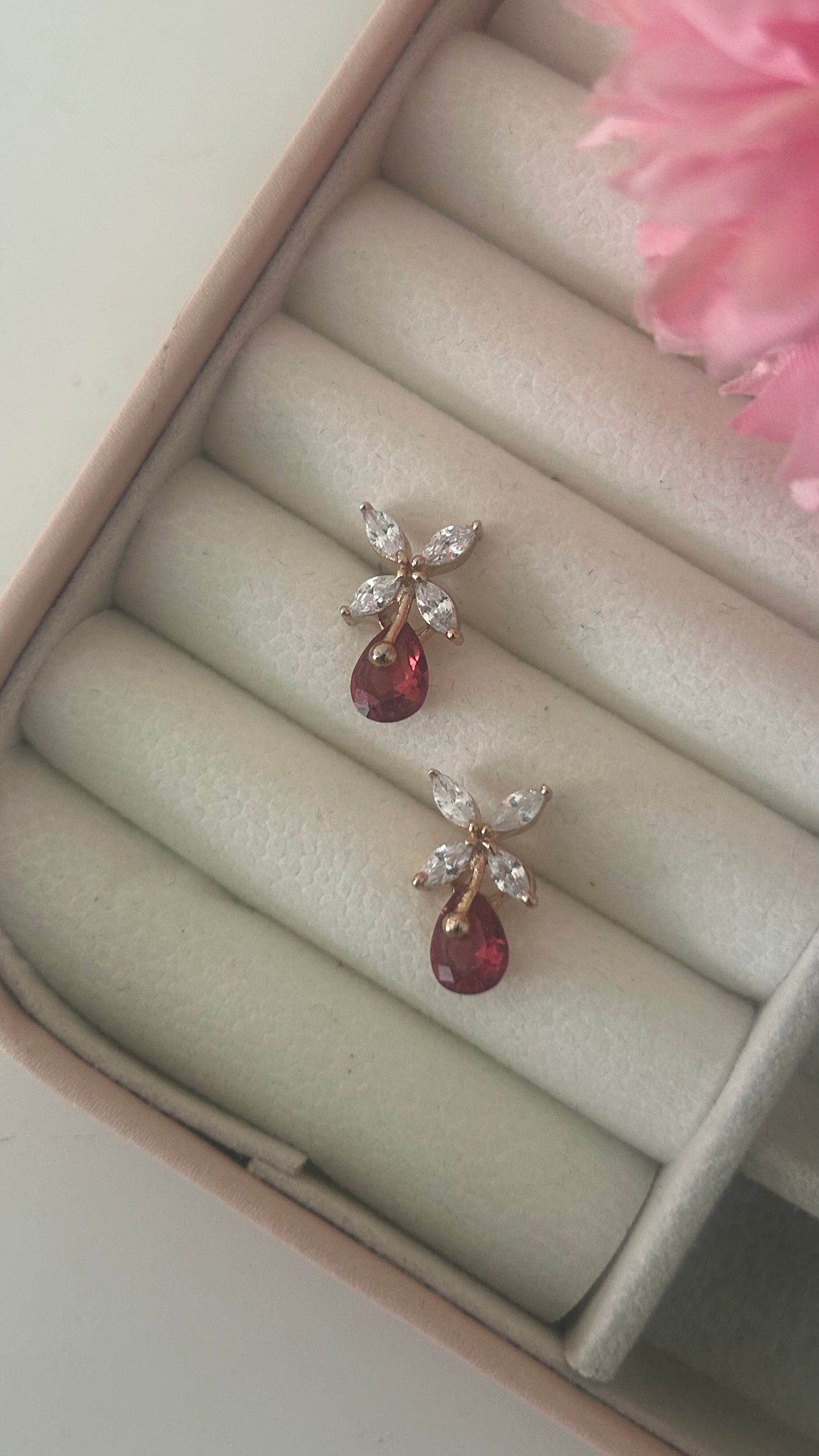 CZ butterfly stud with red drop