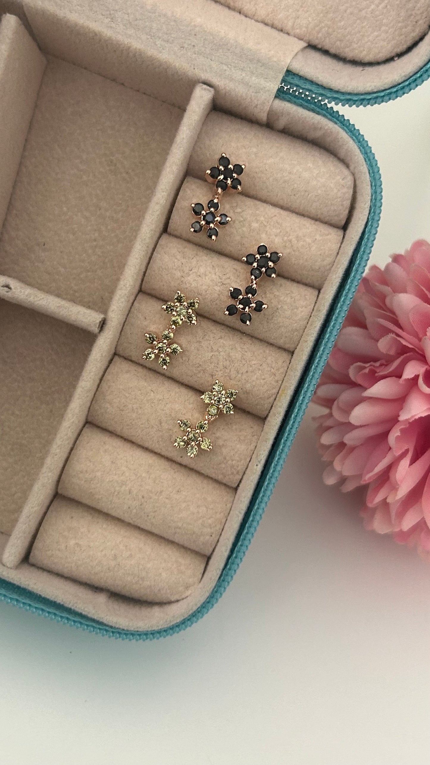 CZ flower stud with flowe hanging