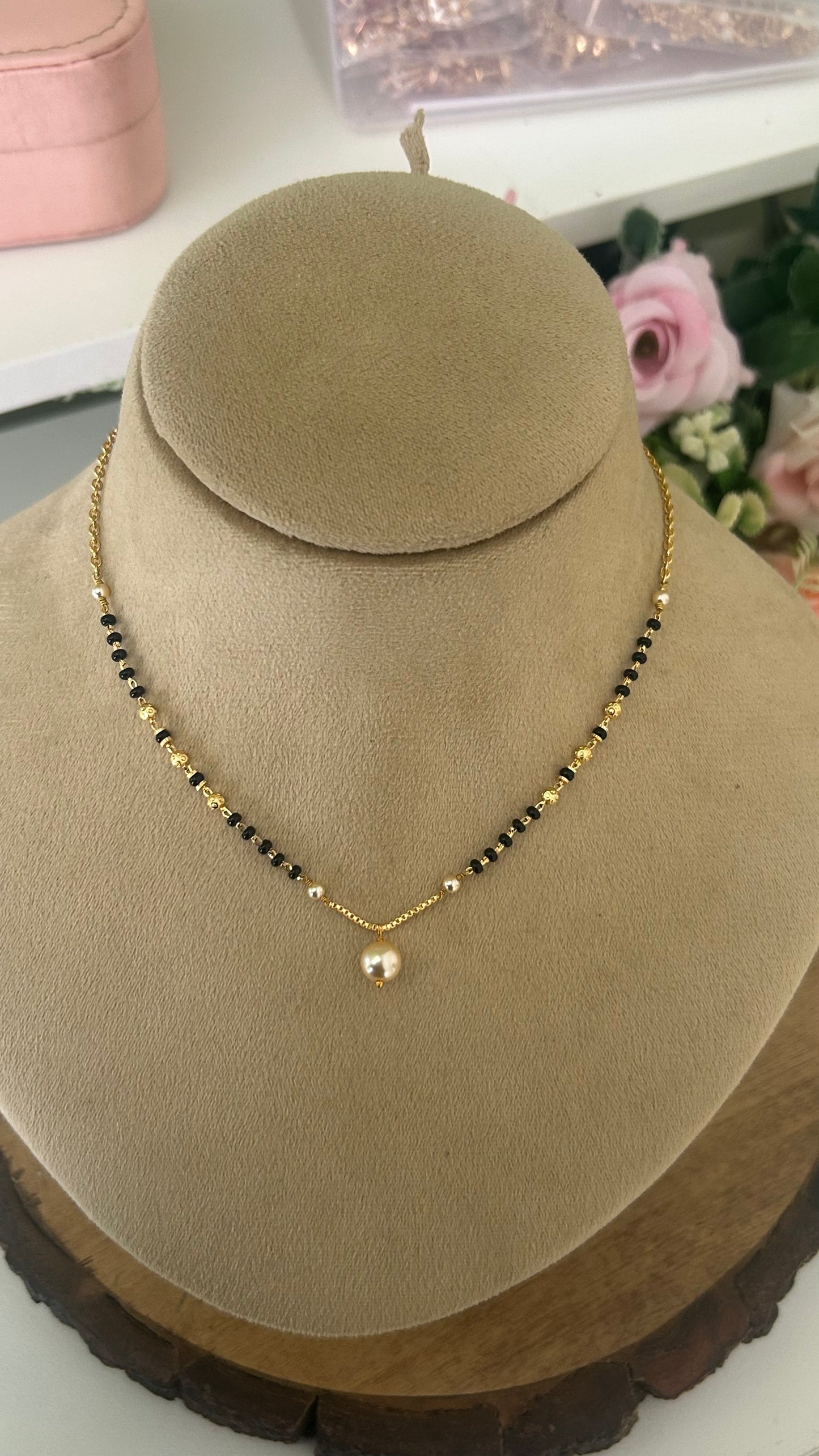 Minimal Black Beads Mangalsutra with Single Pearl Pendant in 16 to 18 inches middle