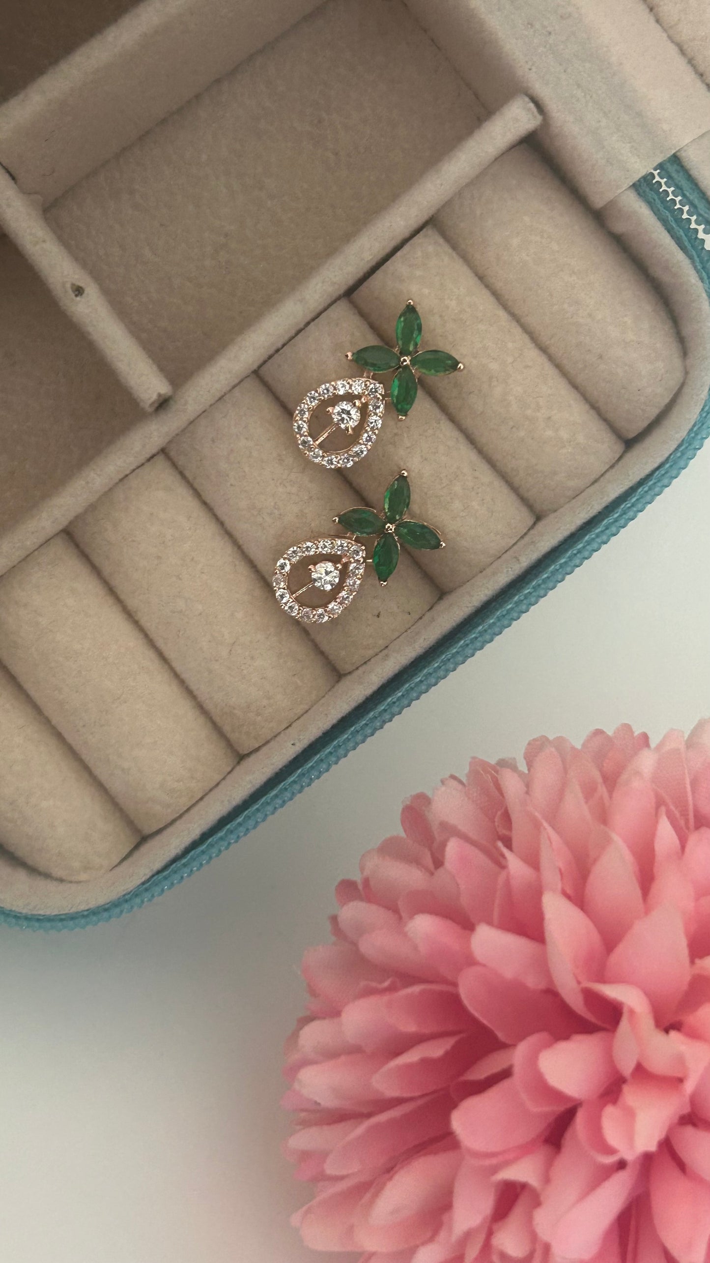 CZ green color 4 petal stud