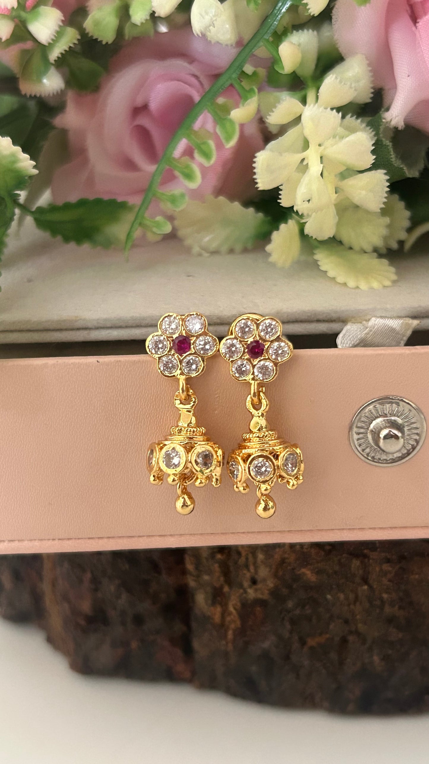 Floral Ruby Panchaloham Jhumkas