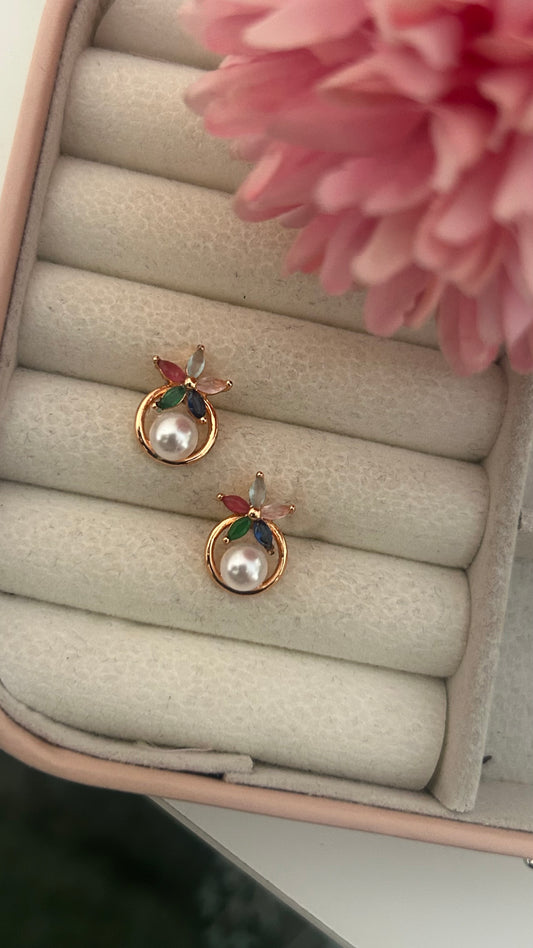 CZ Multi color stone with pearl stud