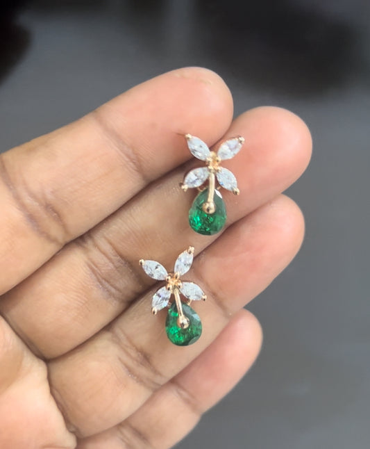 CZ 4 petal flowe stud with green drop