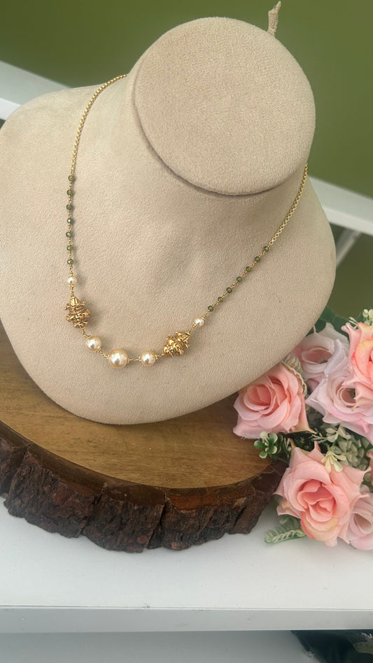 Elegant Green Beads Pearl Gold Look Necklace with Traditional Pendant – 16–17 Inches