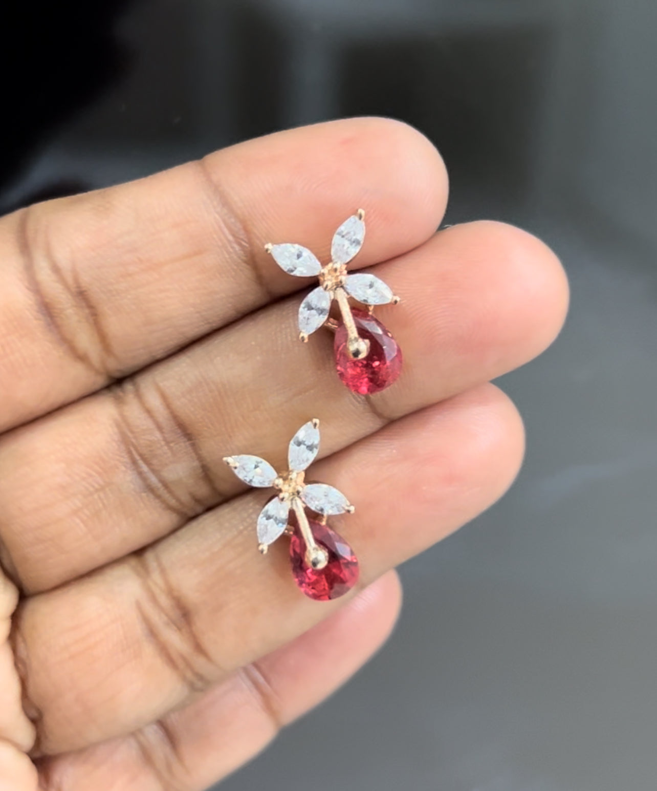 CZ butterfly stud with red drop