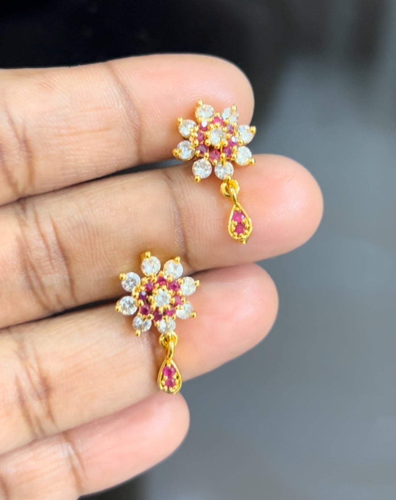 CZ Flower shape studs with small drop-Red