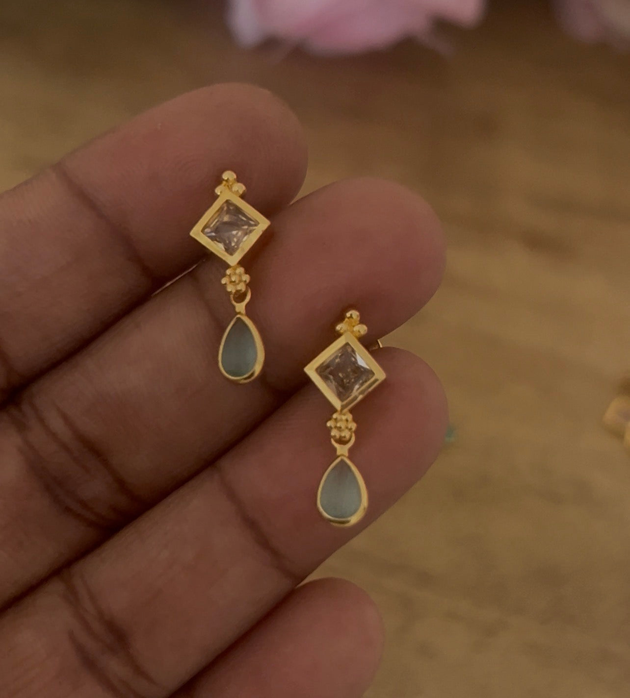 Square Top &  Green Oval Drop Screwback Earrings – Gold Plated