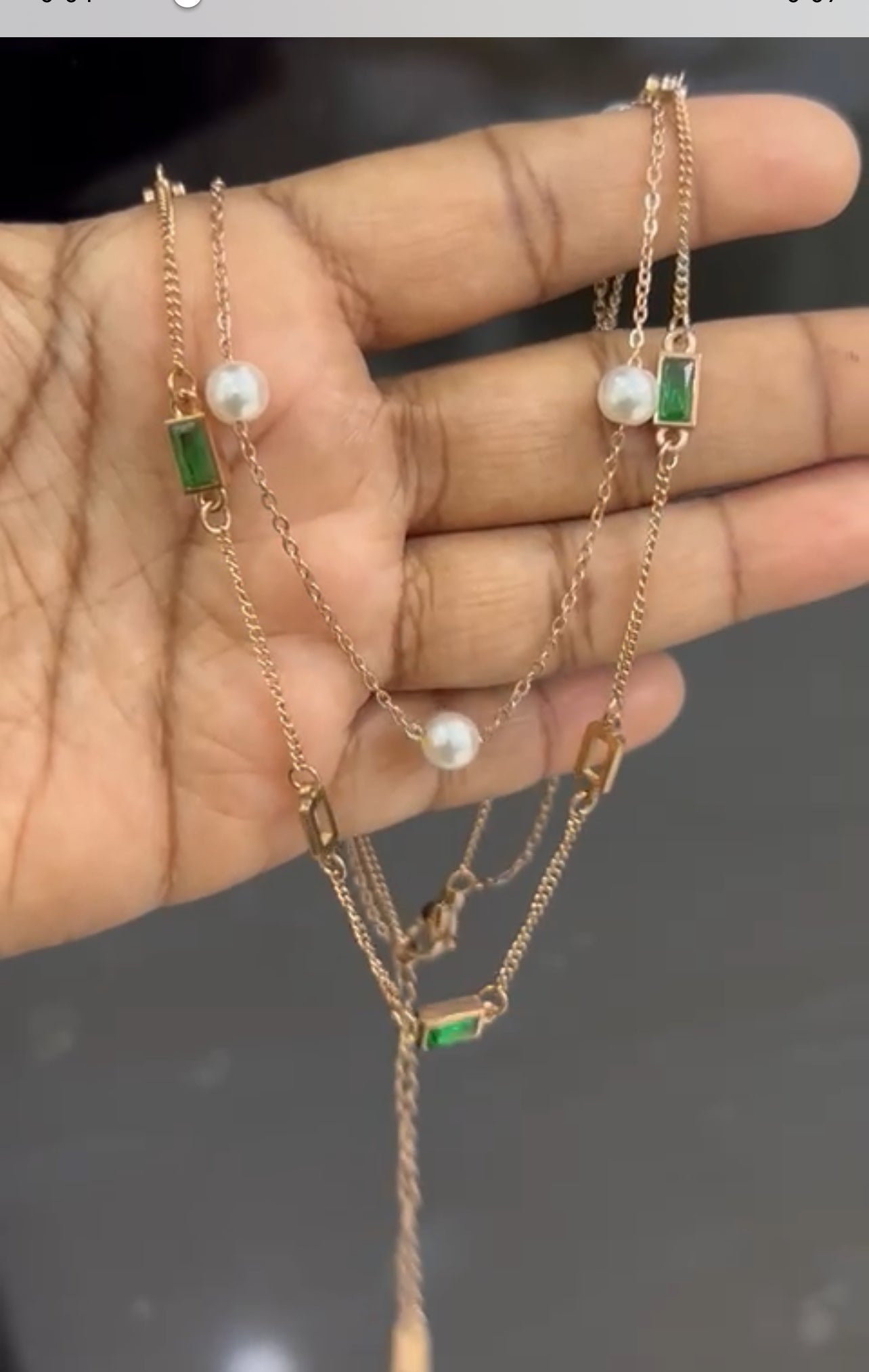 CZ pearl with green stone chain set