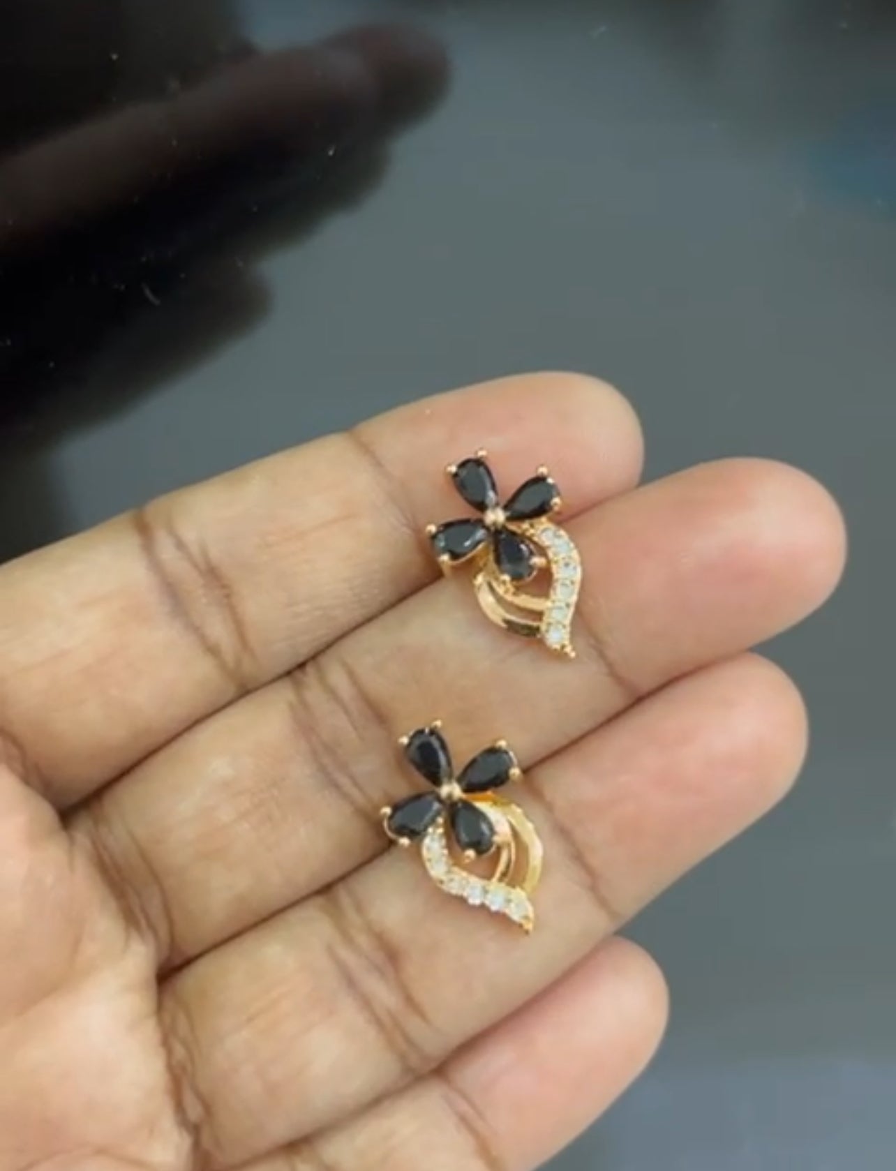 CZ 4 petal flower stone stud in colors