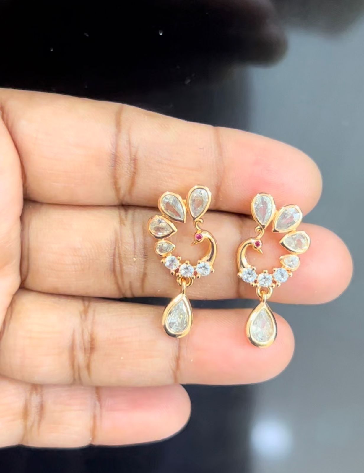 CZ Peacock shape white stones stud with drop