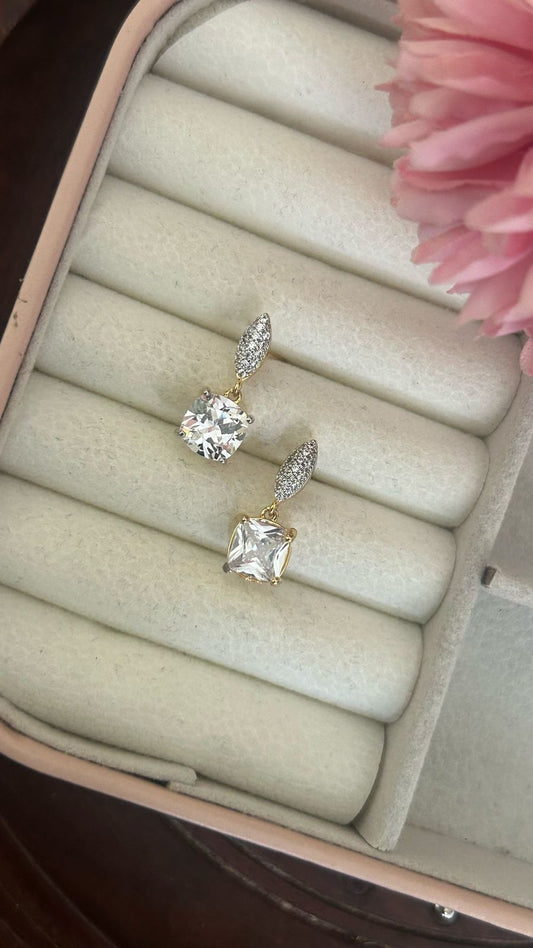 Cushion Cut Crystal Drop Earrings with Diamond Leaf Top