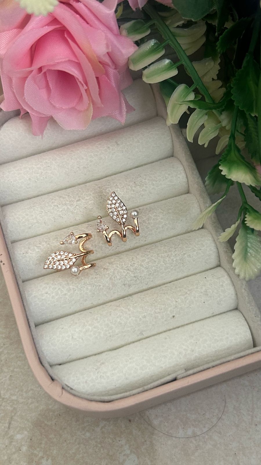 Leaf Vine Asymmetrical Stud Earrings – Gold-Plated Crystal & Pearl Design