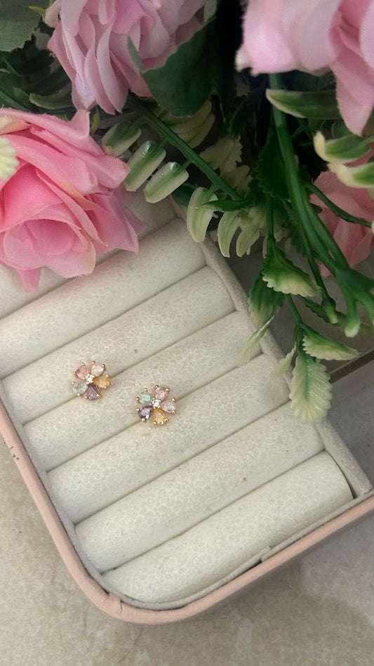 Pastel Flower Stud Earrings – Multicolor Crystal Petals in Gold-Plated Finish