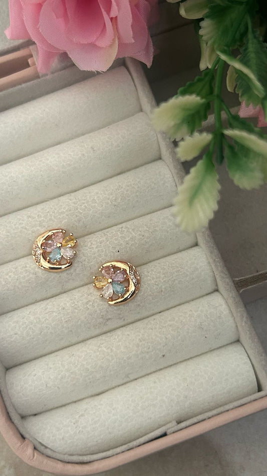 Moonflower Stud Earrings – Gold-Plated Pastel Petal Crystals with Crescent Design