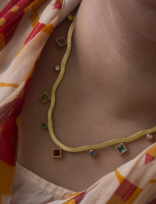 Gold-Plated Multicolor Stone Necklace – Elegant & Lightweight Design