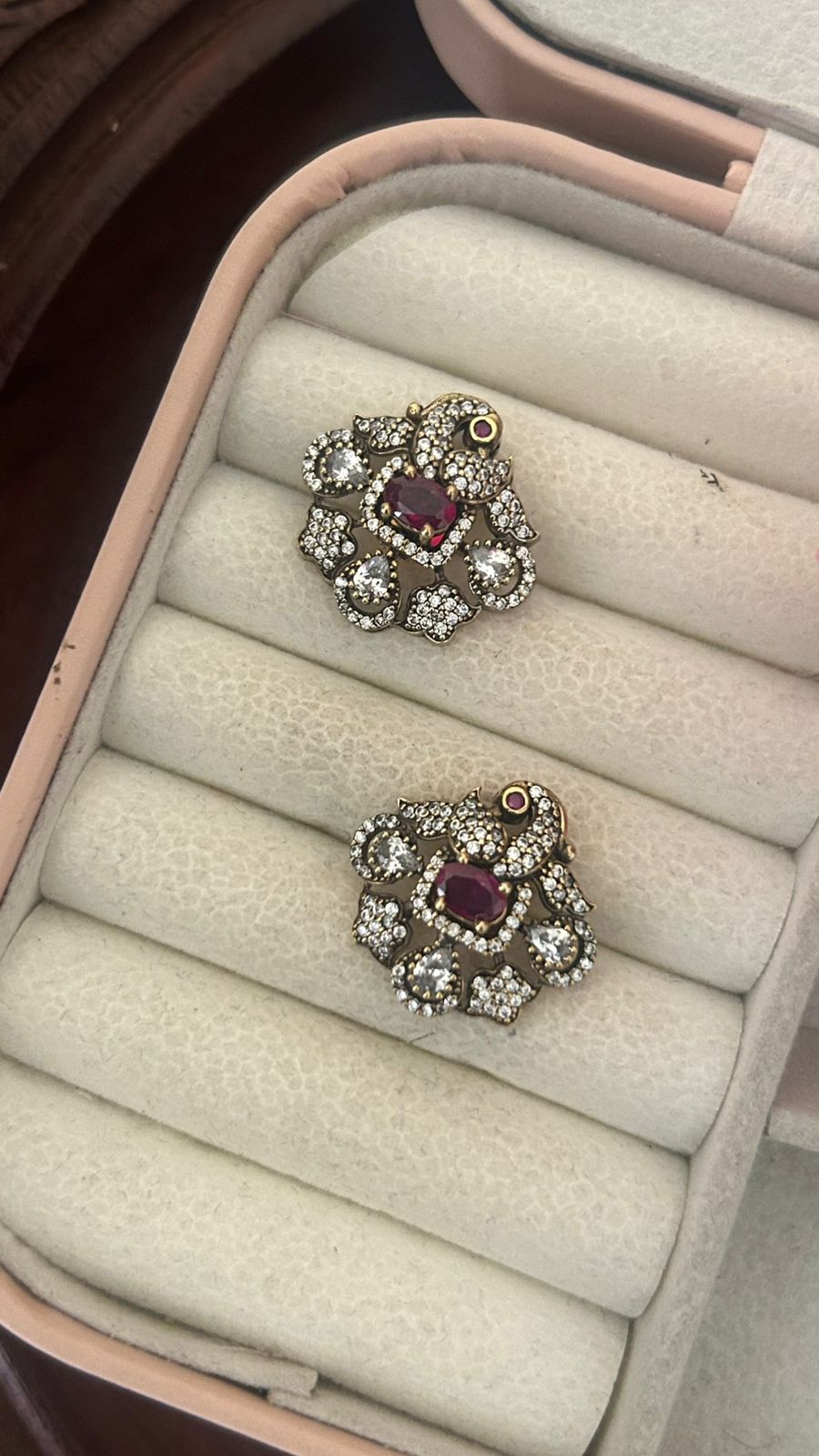 Antique Peacock CZ Ruby Stud Earrings