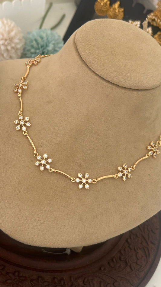 Gold-Plated Floral CZ Necklace – Delicate Chain Design for Festive and Daily Wear
