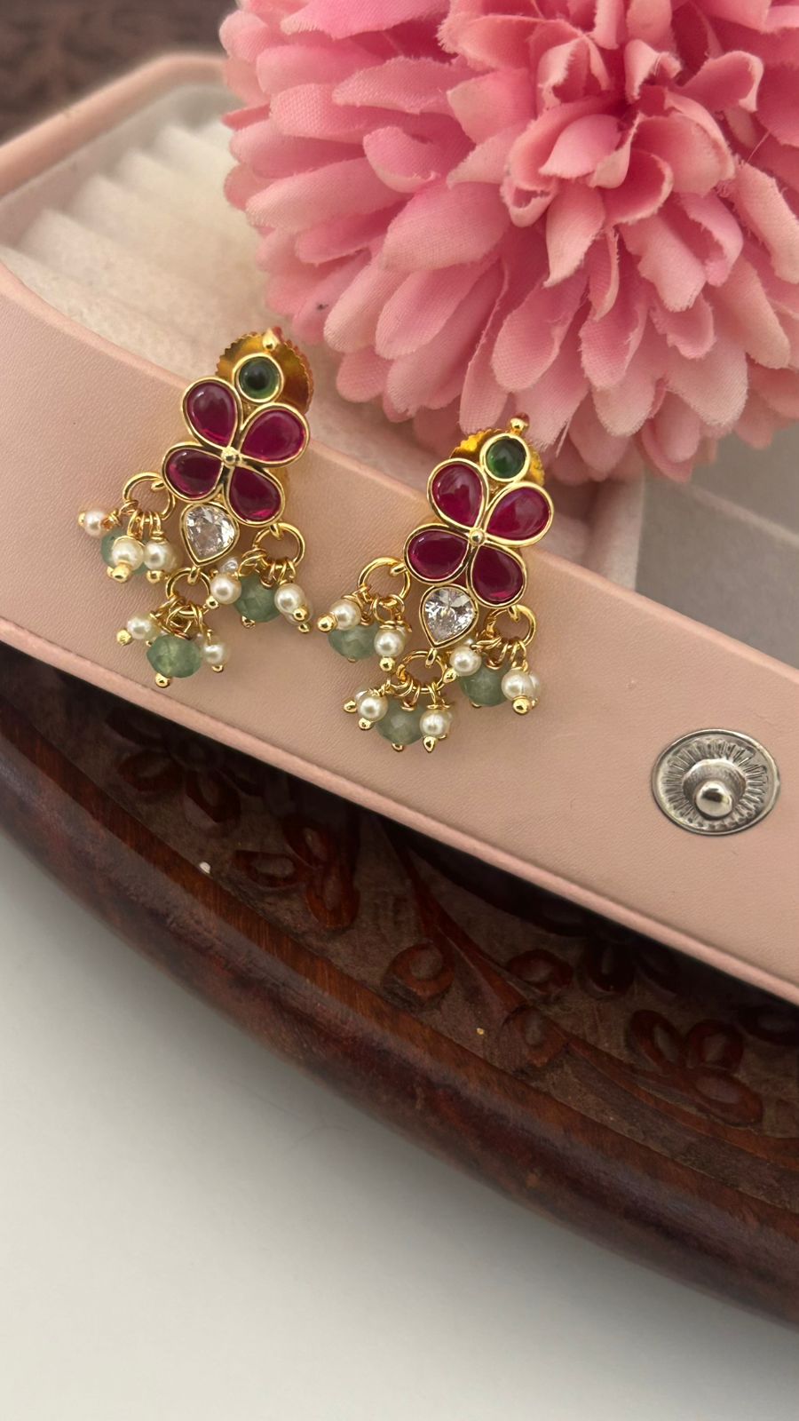 Floral Ruby Drop Kundan Earrings – Pearl Cluster Ethnic Festive Charm