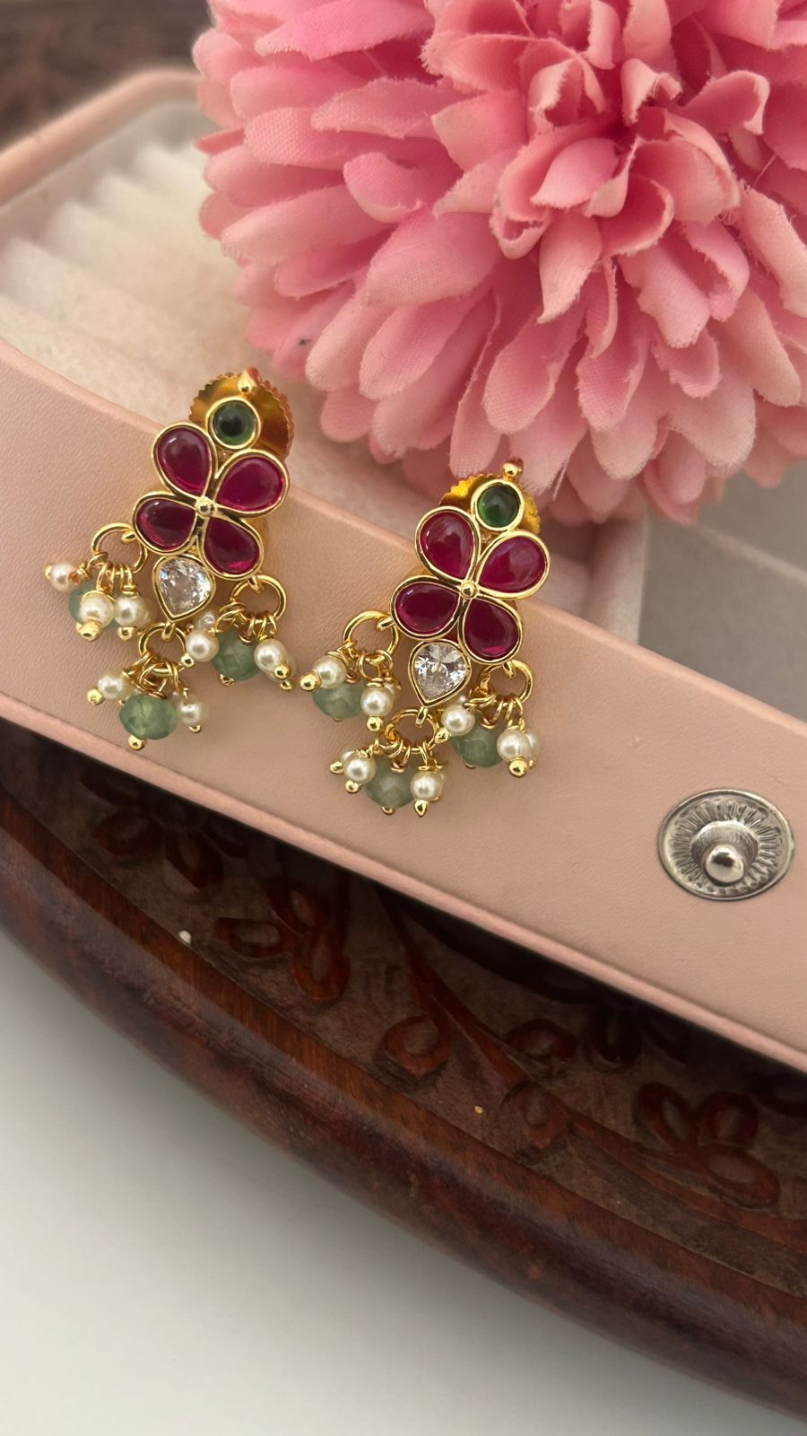 Floral Ruby Drop Kundan Earrings – Pearl Cluster Ethnic Festive Charm