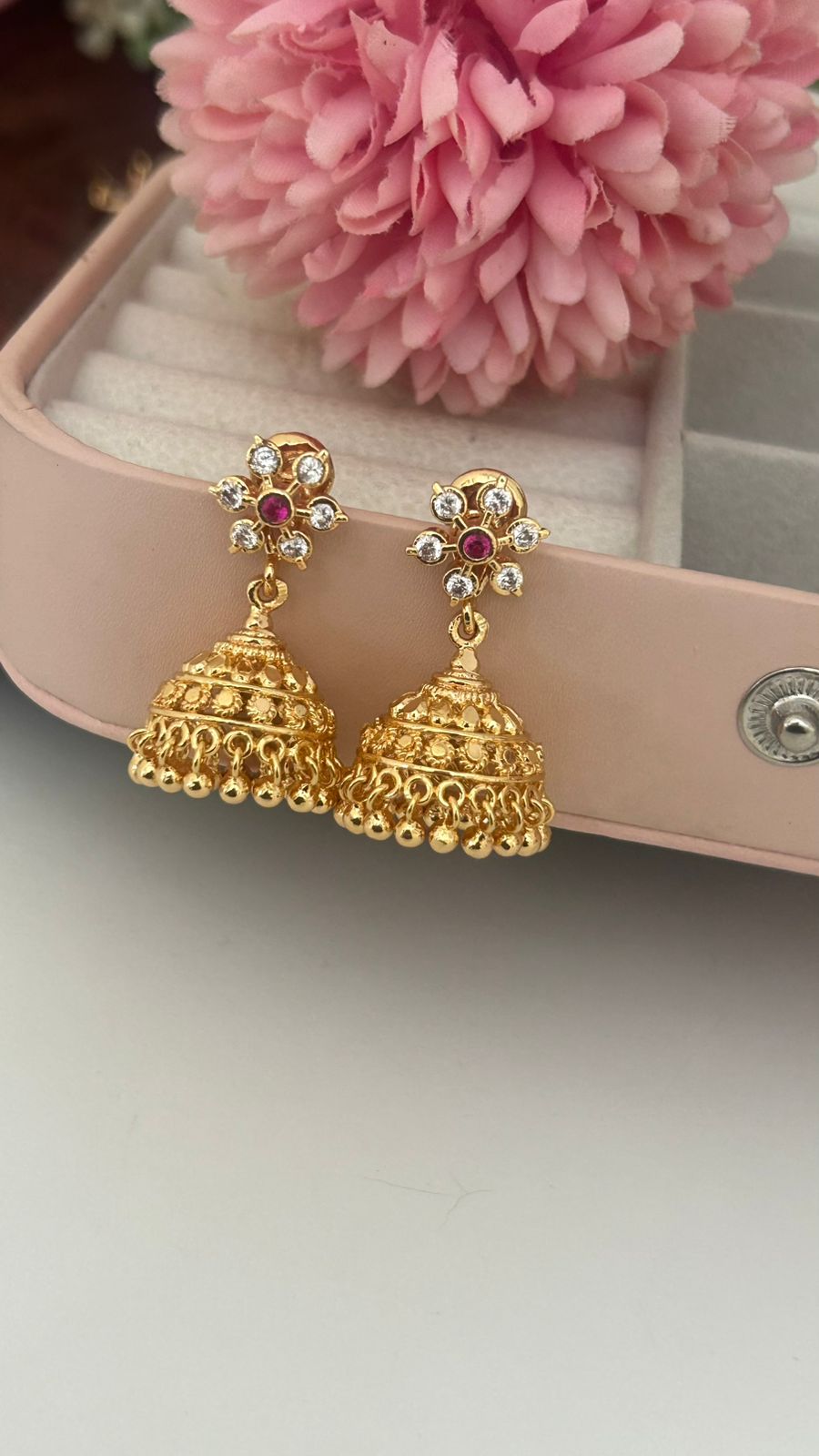 Panchaloam Gold Jhumka Earrings with Ruby & CZ Stones – Traditional Temple Design for Women