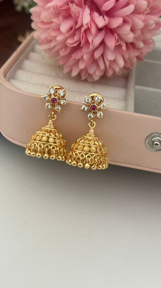 Panchaloam Gold Jhumka Earrings with Ruby & CZ Stones – Traditional Temple Design for Women