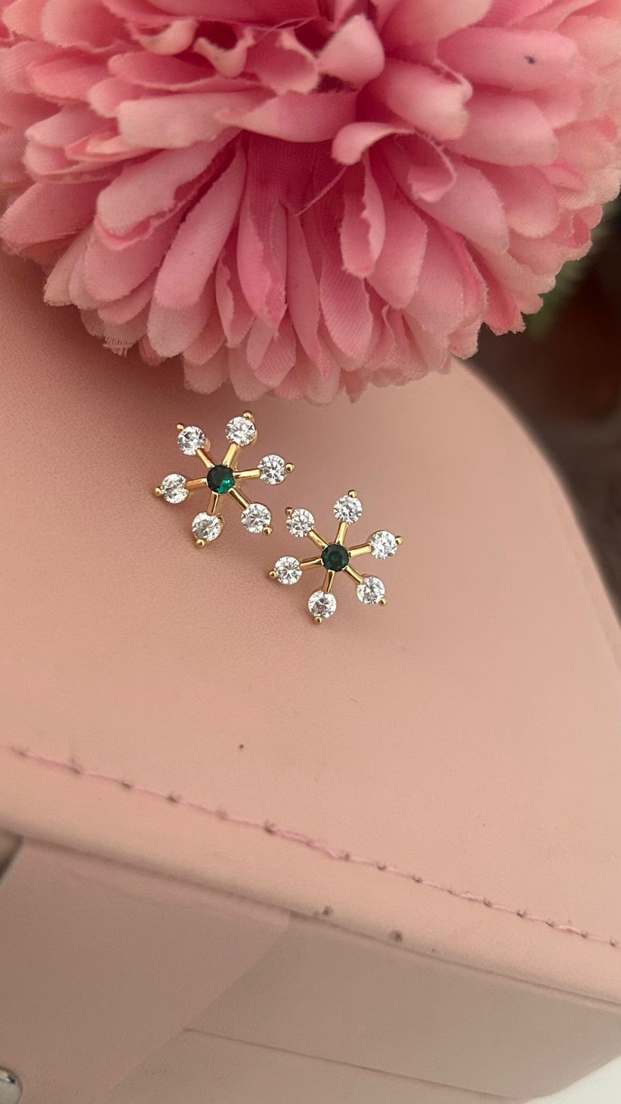 Floral CZ Diamond Stud Earrings with Emerald Center