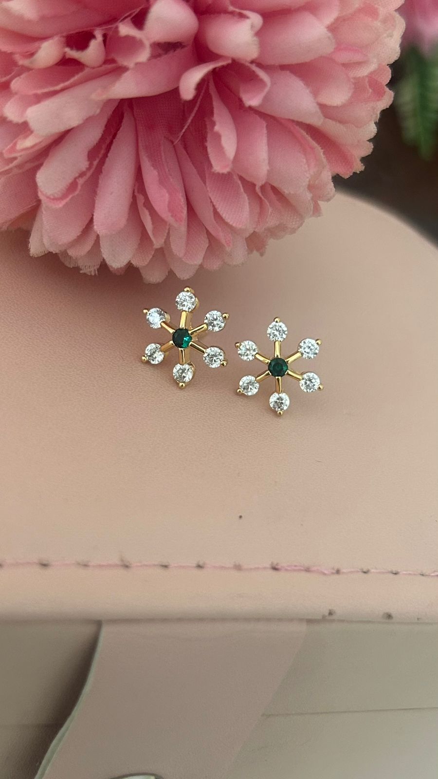 Floral CZ Diamond Stud Earrings with Emerald Center