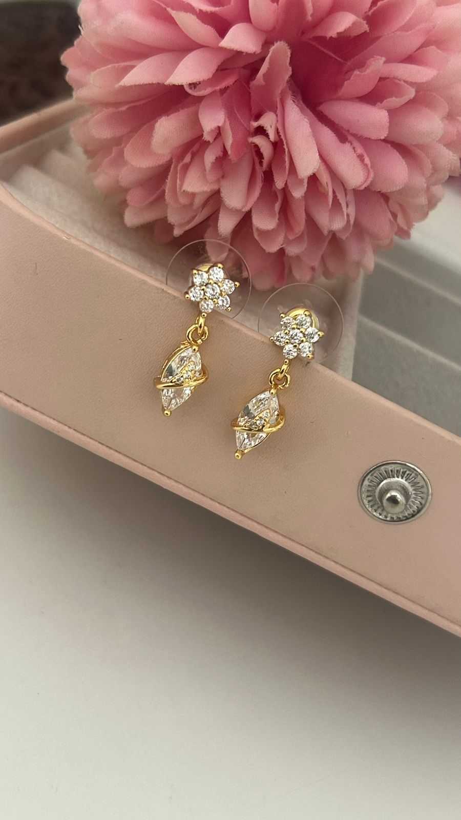 Floral Gold Drop Earrings with CZ Diamonds & Red/White Stones |