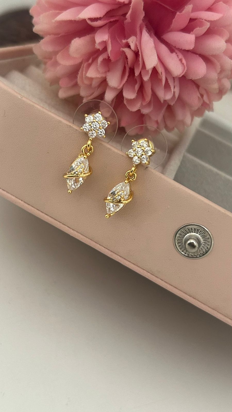 Floral Gold Drop Earrings with CZ Diamonds & Red/White Stones |