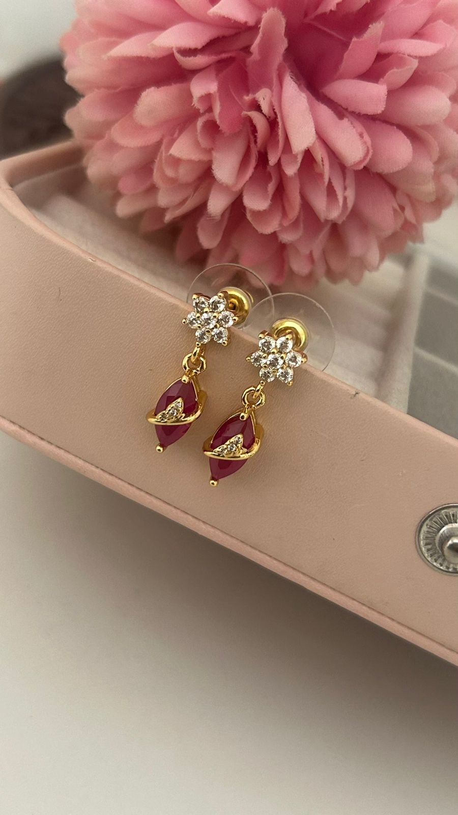 Floral Gold Drop Earrings with CZ Diamonds & Red/White Stones |