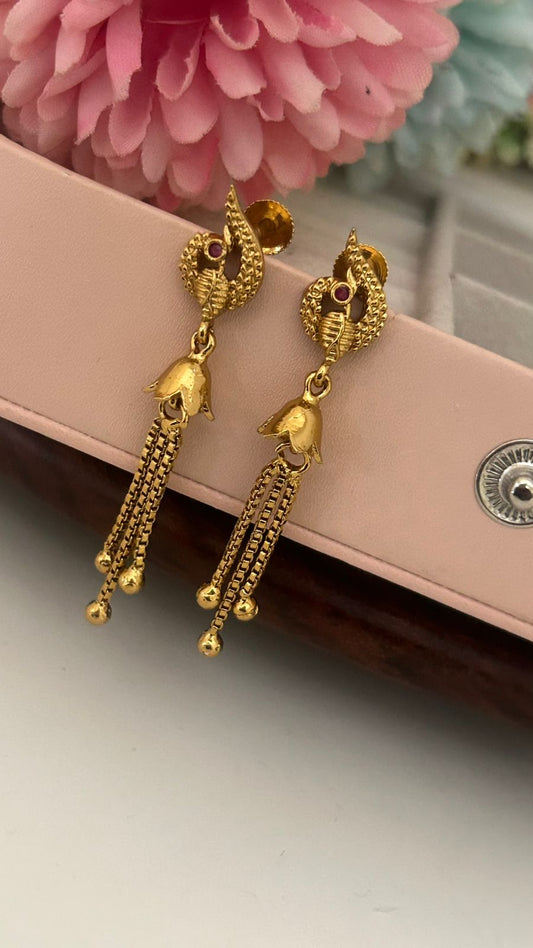 Peacock-Inspired Gold Drop Earrings with Chain Tassels – Traditional Dangler Design for Festive & Ethnic Wear