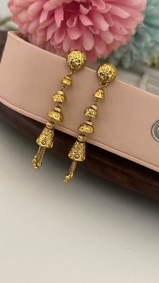 Layered Gold Plated Jhumka Dangler Earrings – Traditional Multi-Tier Bell Design for Women & Girls