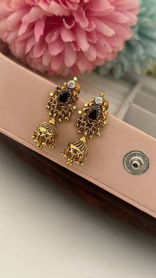 Gold-Plated Black Stone Jhumka Earrings – Traditional Ethnic Dangler with CZ Accents for Women & Girls