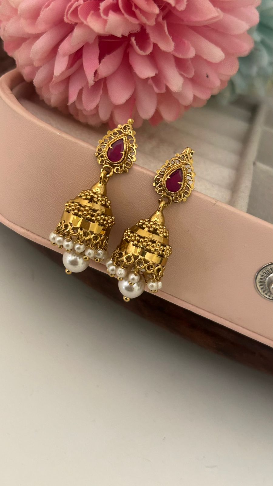 Gold-Plated Jhumka Earrings with Ruby Stone & Pearl Drops – Traditional Bridal Jewelry for Women & Girls