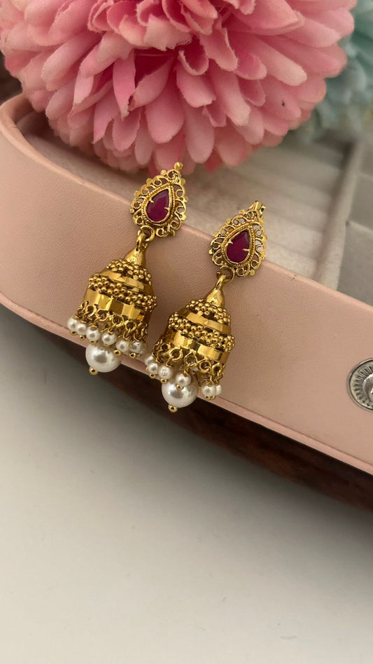 Gold-Plated Jhumka Earrings with Ruby Stone & Pearl Drops – Traditional Bridal Jewelry for Women & Girls