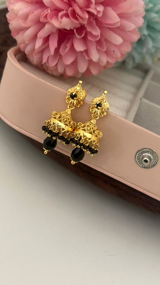 Gold-Plated Jhumka Earrings with Black Beads – Traditional Ethnic Dangler for Festive & Party Wear