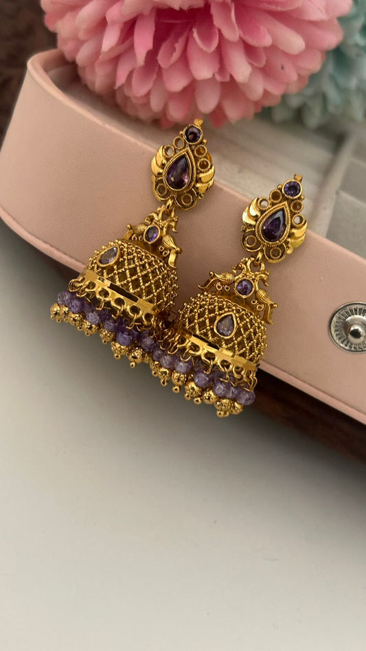 Gold-Plated Temple Jhumka Earrings with Purple Stones – Traditional Ethnic Design for Bridal & Festive Wear