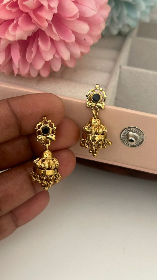 Gold-Plated Mini Jhumka Earrings with Black Stone – Lightweight Traditional Dangler for Daily & Ethnic Wear
