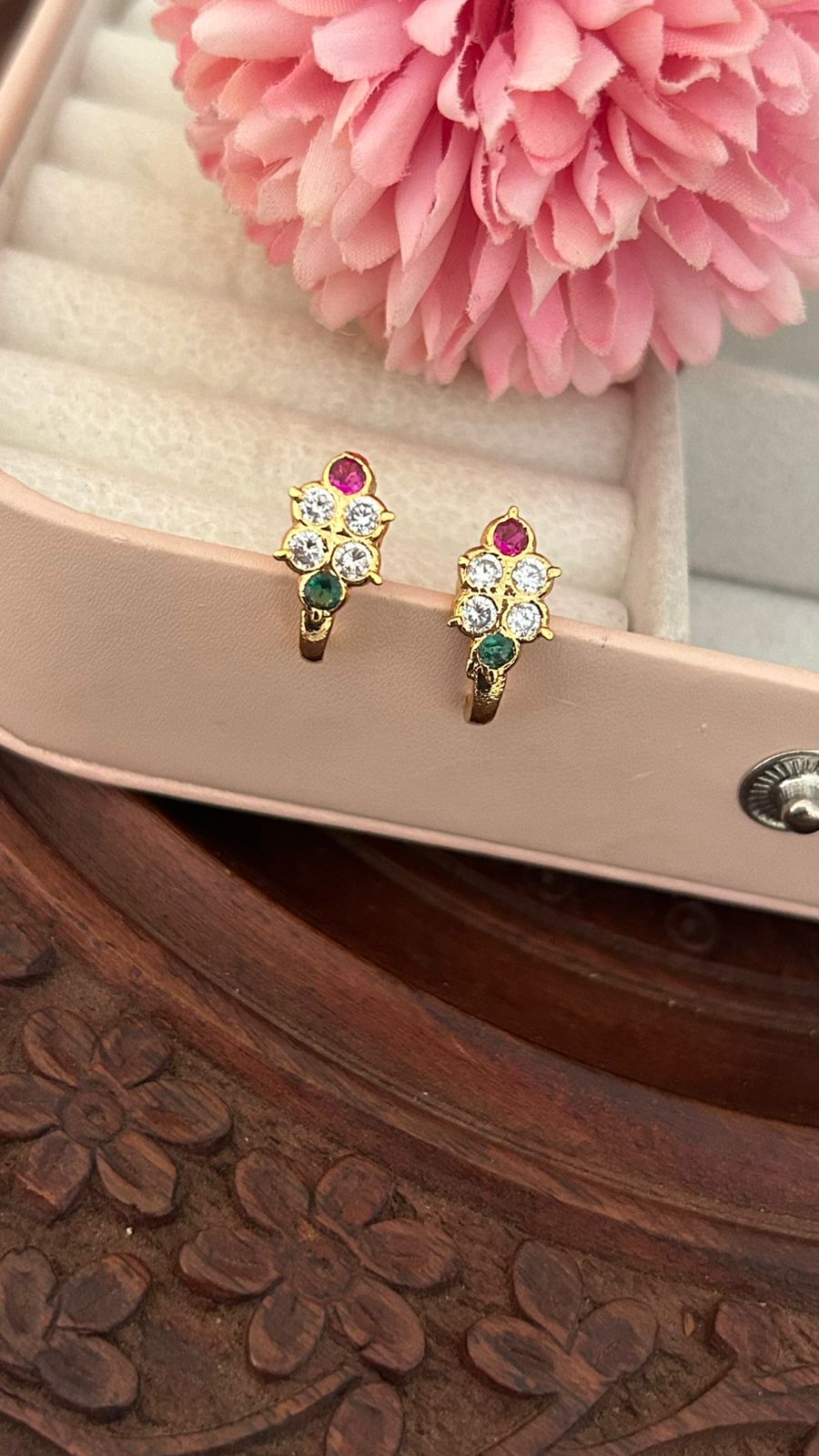 Gold-Plated Cluster Stud Earrings with CZ Stones – Traditional Multi-Stone Ear Tops for Women & Girls